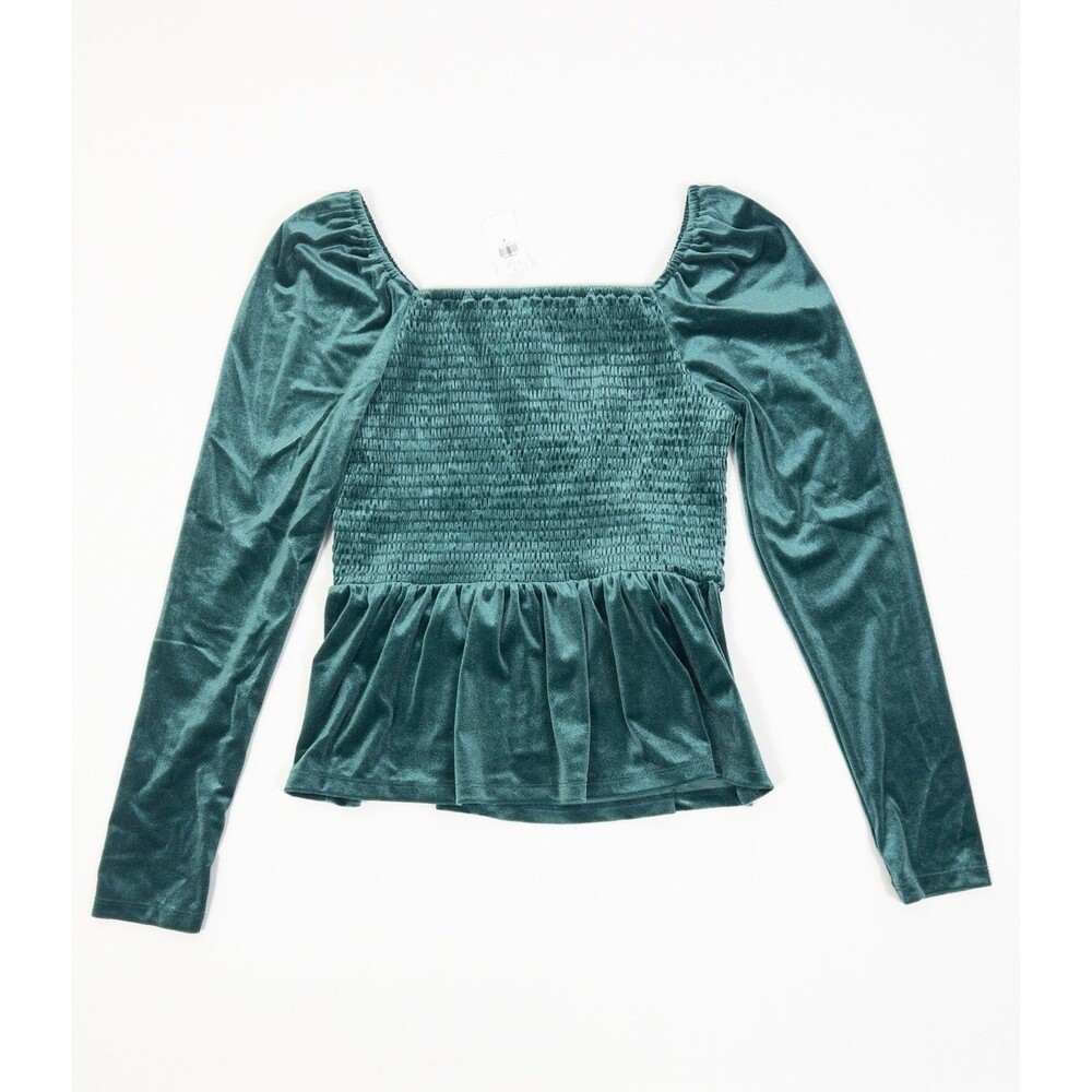 GAP Women’s Size Small Puff Sleeve Green Velvet Smocked Peplum Top!